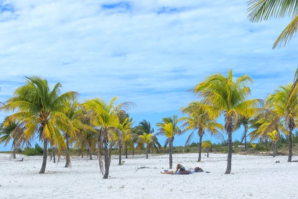 CUBA - 07 ENERO 2018: Turistas tomando el sol bajo palmeras en — Foto de Stock