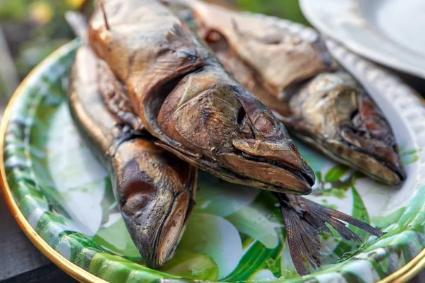 Апетитна копчена риба на тарілці крупним планом — стокове фото