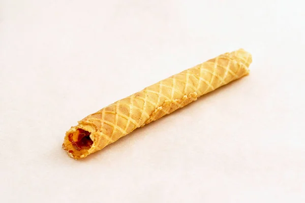 Fresh Ispijena Golden Waffle Tube Filling Pastry Closeup Light Background — Stock Photo, Image