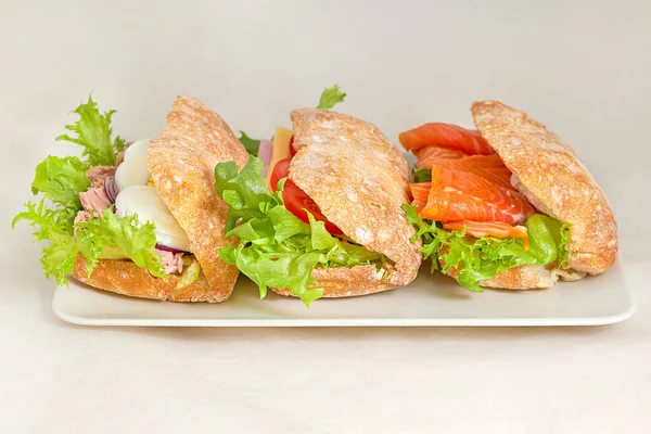 Sandwiches Mit Verschiedenen Füllungen Auf Einem Flachen Weißen Teller Ein — Stockfoto