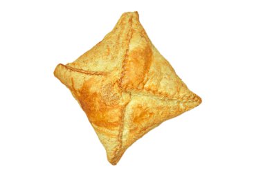 Peynirli puf böreği Khachapuri. Fırından ulusal yemek. Hafif bir arkaplanda yakın plan. Lezzetli ve sağlıklı bir fırın. Yukarıdaki görüntüyü ayır