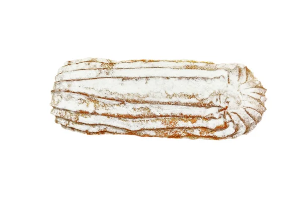 Fresh Pastries Eclair Cake Dusted Powdered Sugar Fresh Pastries Closeup — Stock Photo, Image