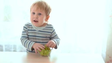 Küçük kızıl çocuk yeşil üzüm yiyor ve kamerada duygularını gösteriyor.