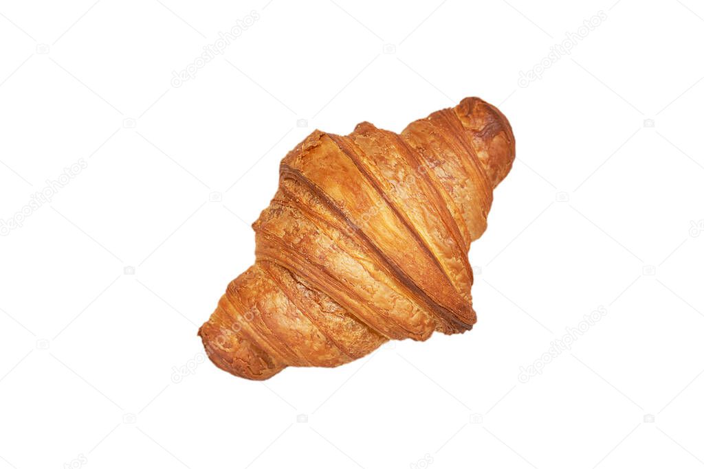 Delicious croissant. Fresh pastries. Closeup on a light background. Delicious and healthy range of bakery and bakery. Isolate the view from the top