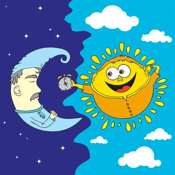 Cartoon style soleil et lune - dessin à la main vecteur de style amusant — Image vectorielle