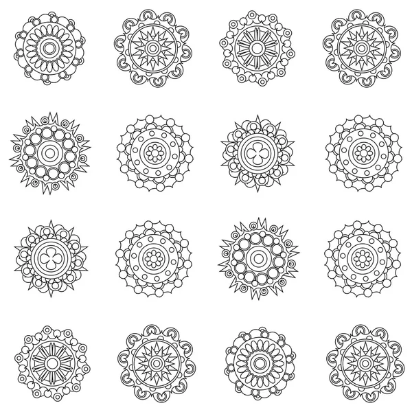 Round geometric ornaments set of doodle mandalas.Floral Mandala vector collection. Line art set or pattern on white background. Black and white. — Stock Vector