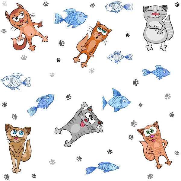 Kediler ve balık sorunsuz vektör desen — Stok Vektör