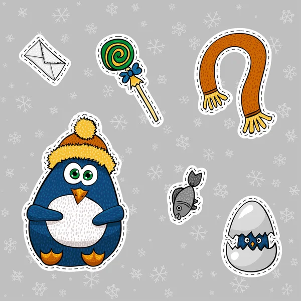 Pingüino y sus vacaciones de invierno - pegatinas de papel conjunto — Vector de stock