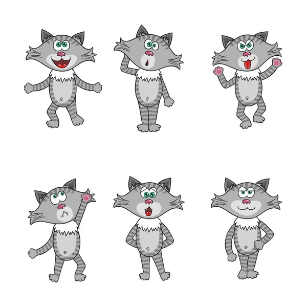 Ensemble de chats ou chatons isolés de style dessin animé gris — Image vectorielle