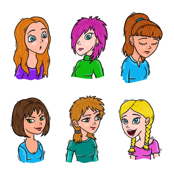 Hand drawn portraits woman set. Teen girls and women faces collection. — Stock Vector