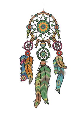 Dreamcatcher, beyaz arka plan illüstrasyon izole vektör. Boho öğesi.