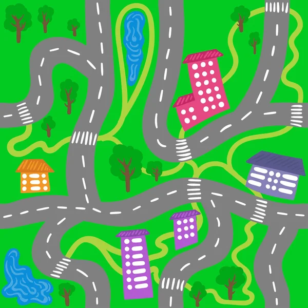 Kid town kaart - naadloze vector stad patroon voor kinderen. — Stockvector