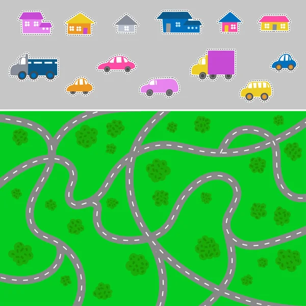 Kid town map - vector city pattern for children and elements for creating a town. — Stock Vector