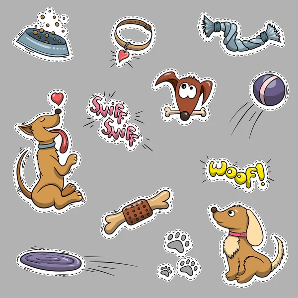 Funy domestic Dogs and puppies set. Vector collection or pattern. Stickers set — Stock Vector