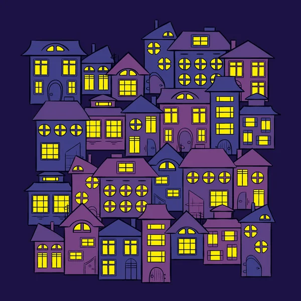 Casas nocturnas de la ciudad - ilustración de impresión vectorial — Vector de stock