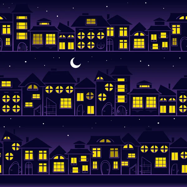 Ciudad nocturna. Paisaje sin costuras por la noche - casas en la ciudad, fondo — Vector de stock