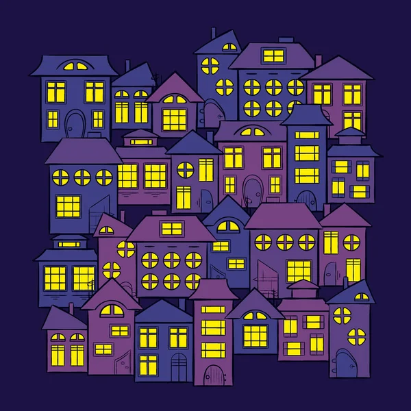 Casas noturnas da cidade - ilustração de impressão vetorial Vetores De Stock Royalty-Free