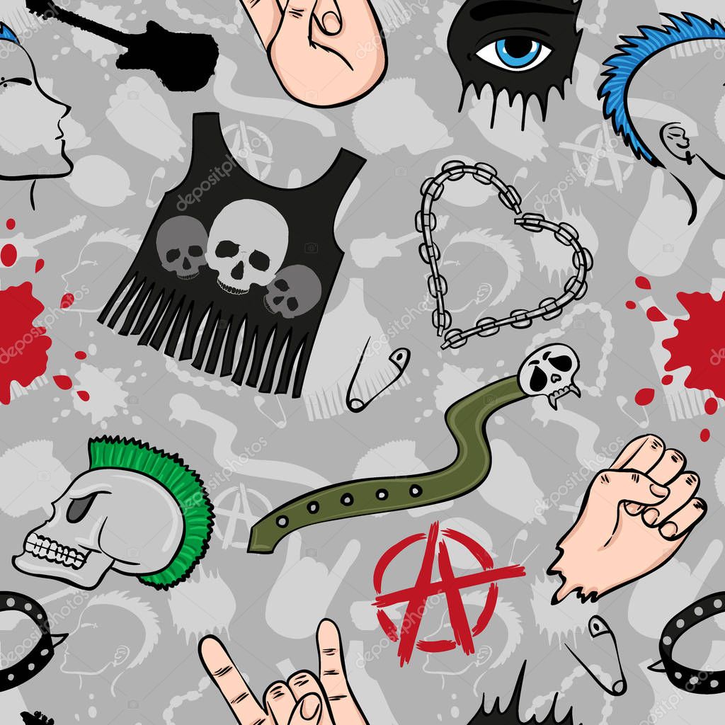 Vector illustration abstract grunge punk skulls and guitars seamless background design