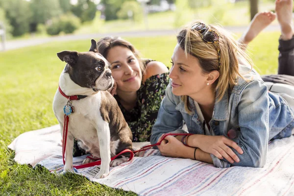 Dos amigas mujer con perro terrier afuera en el parque — Foto de Stock