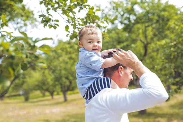 Beautiful father little toddler son on the meadow. — Stock Photo, Image