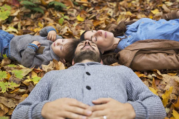 Счастливая семья отдыхает на открытом воздухе в осеннем парке — стоковое фото