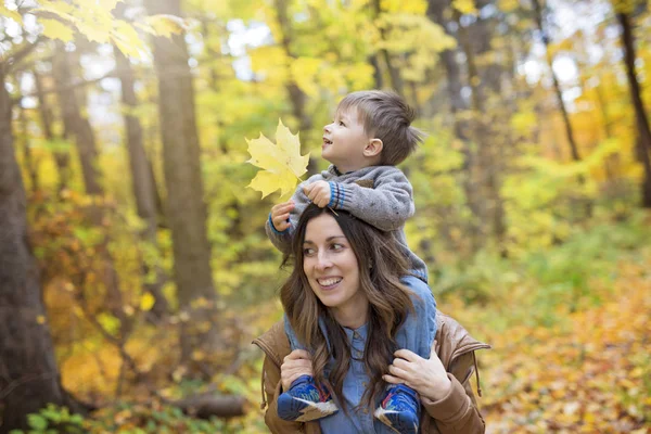 Moeder met zoon in bos in de herfst — Stockfoto