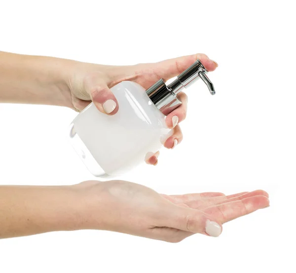 Hand soap with pumping lotion from bottle — Stock Photo, Image