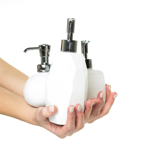 Kéz testápolót szivattyúzó palackból szappan — Stock Fotó