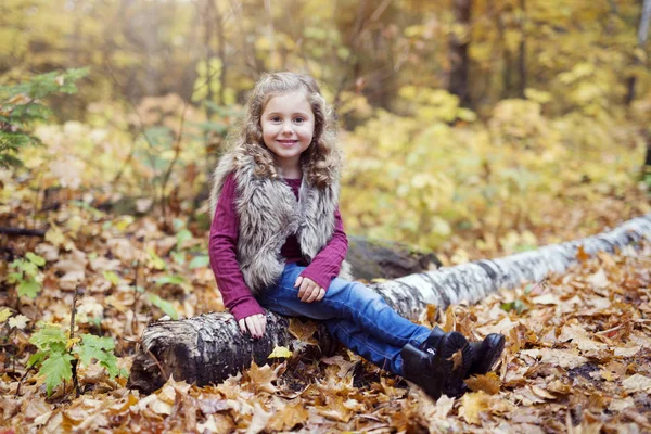 Bedårande liten flicka i en höst skog — Stockfoto