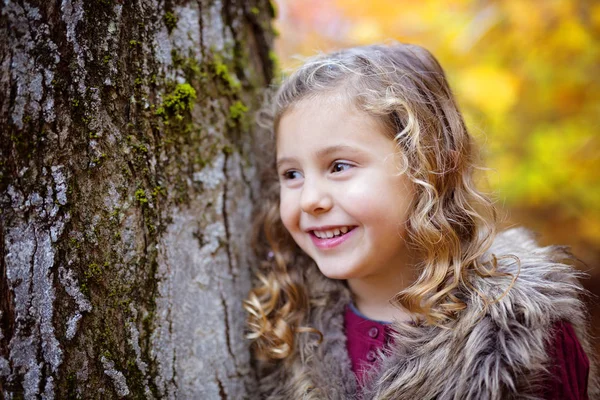 Rozkošná holčička v podzimním lese — Stock fotografie
