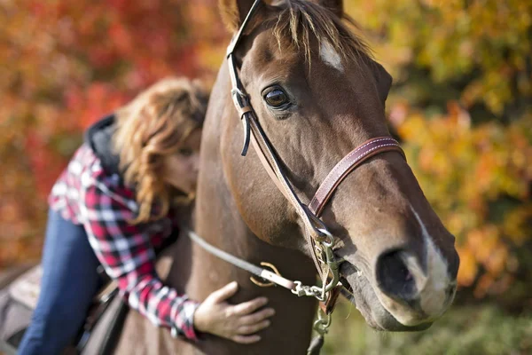Mulher adulta bonita e natural ao ar livre com cavalo — Fotografia de Stock