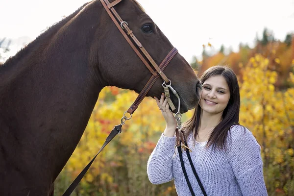 Hermosa chica con caballo de pelo negro —  Fotos de Stock