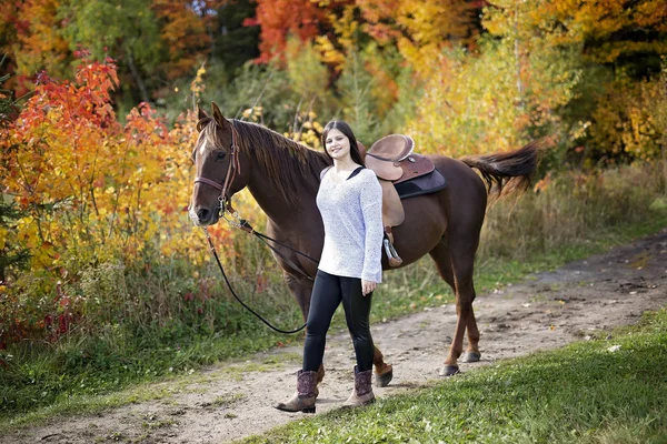 Schönes Mädchen mit schwarzem Haar Pferd — Stockfoto