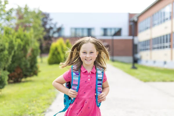 Great Portrait Of School Pupil Outside Classroom Carrying Bags — Stock Photo, Image