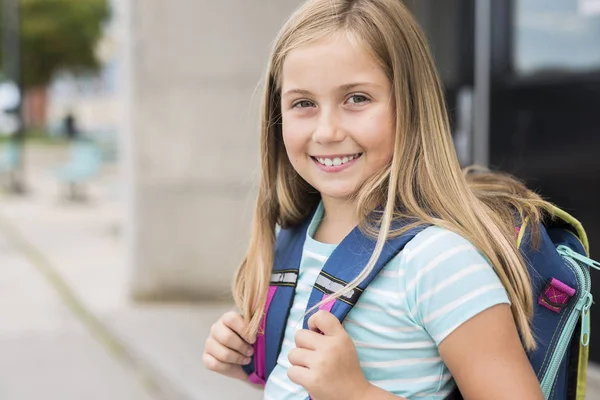 Nine years old girl student at school — Stock Photo, Image