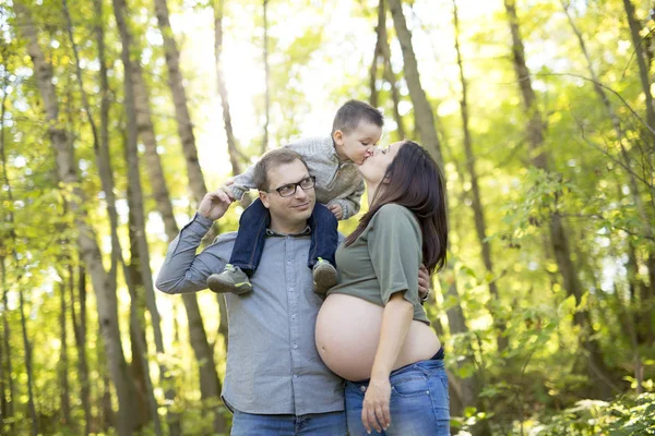 Hamile aile sonbahar doğada eğleniyor — Stok fotoğraf