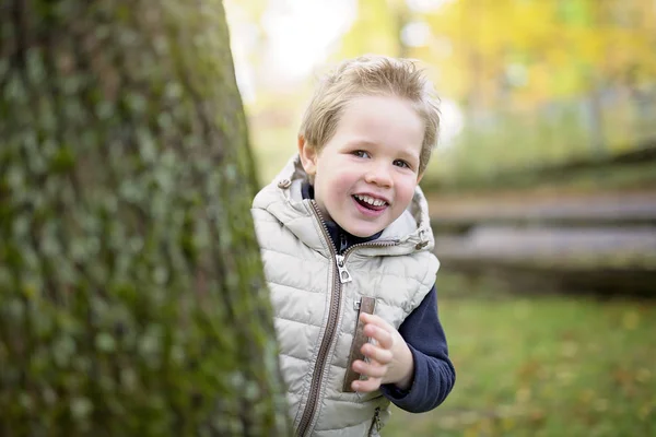 Jongen in herfst seizoen in een park — Stockfoto