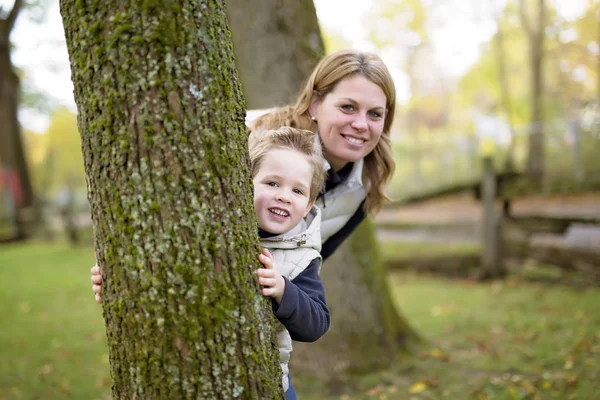 Adorable little boy with his mother in autumn park — Stock Photo, Image
