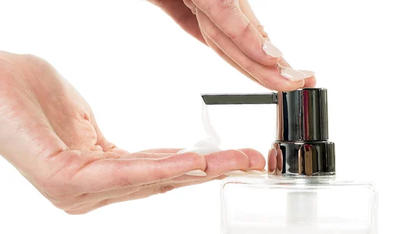 Hand soap with pumping lotion from bottle — Stock Photo, Image