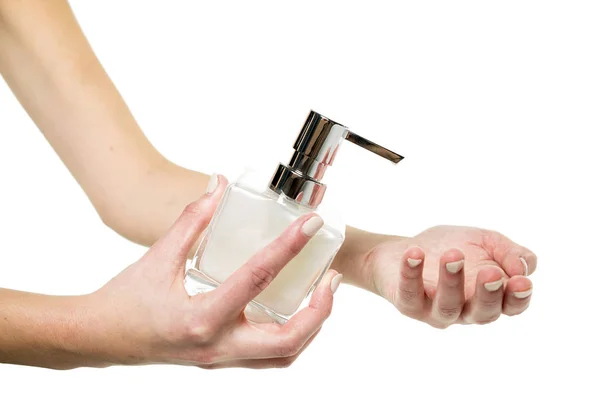 Hand soap with pumping lotion from bottle — Stock Photo, Image