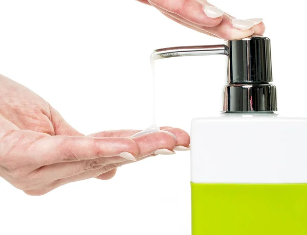 Hand soap with pumping lotion from bottle — Stock Photo, Image