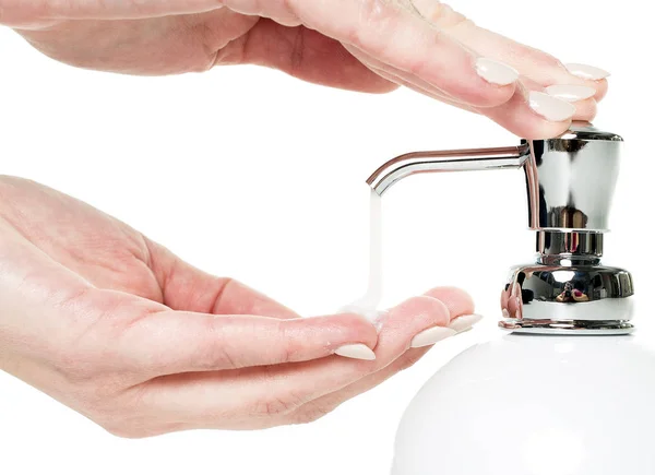 Hand soap with pumping lotion from bottle — Stock Photo, Image