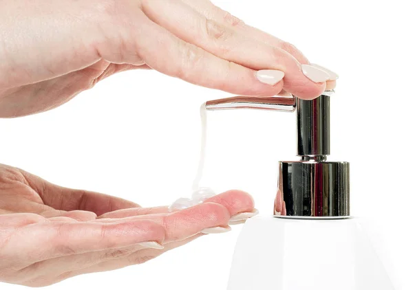 Hand soap with pumping lotion from bottle — Stock Photo, Image