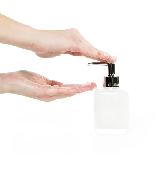 Hand soap with pumping lotion from bottle — Stock Photo, Image