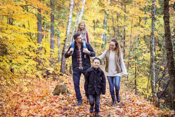 Vierköpfige Familie genießt goldenes Laub im Herbstpark — Stockfoto