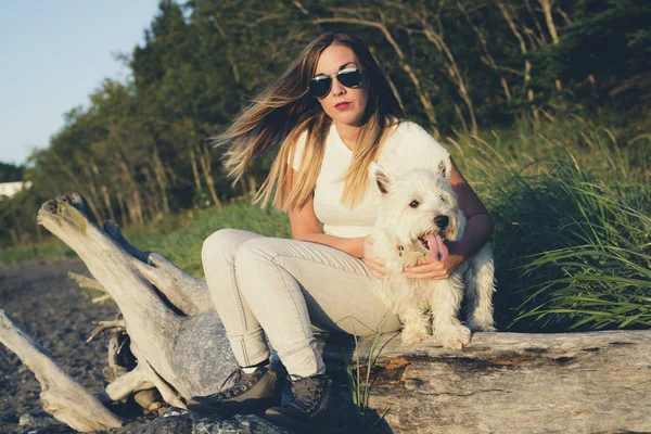 Portrait of beautiful girl pretty white West Highland dog — Stock Photo, Image