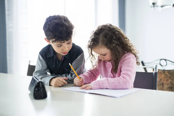 Два милых школьника работают над своим домашним заданием — стоковое фото