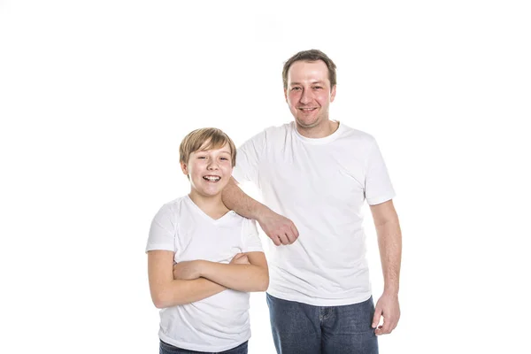 Father and son standing, isolated on white background — Stock Photo, Image