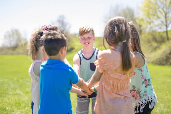 Grupp av barn ha roligt på ett fält tillsammans — Stockfoto