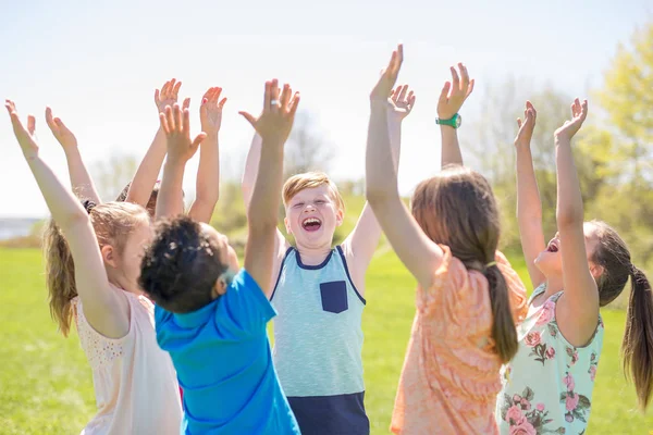 Группа детей весело провести время на поле руки высоко — стоковое фото